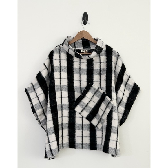 World Market One Size Cecil Black White Multi Funnel Pullover Poncho Jacket NWT - Picture 2 of 16